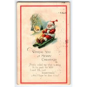 Vintage 1924 Santa on Sled Christmas Postcard – Embossed – Made in USA – Seal